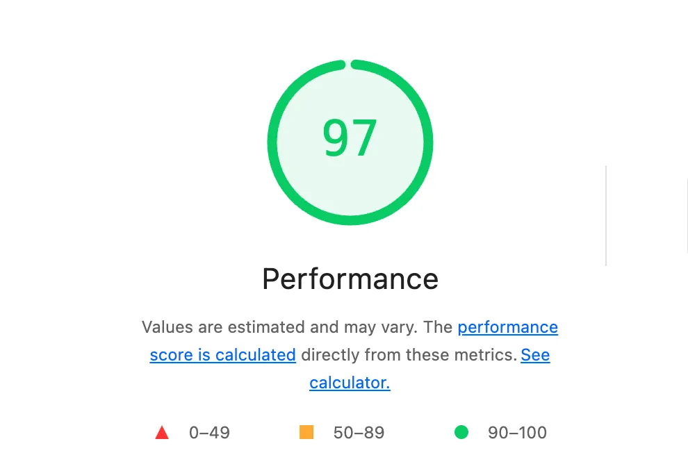 Lighthouse performance score of 97 out of 100 after the optimization